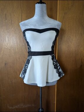 Strapless White Peplum Top with Black Lace